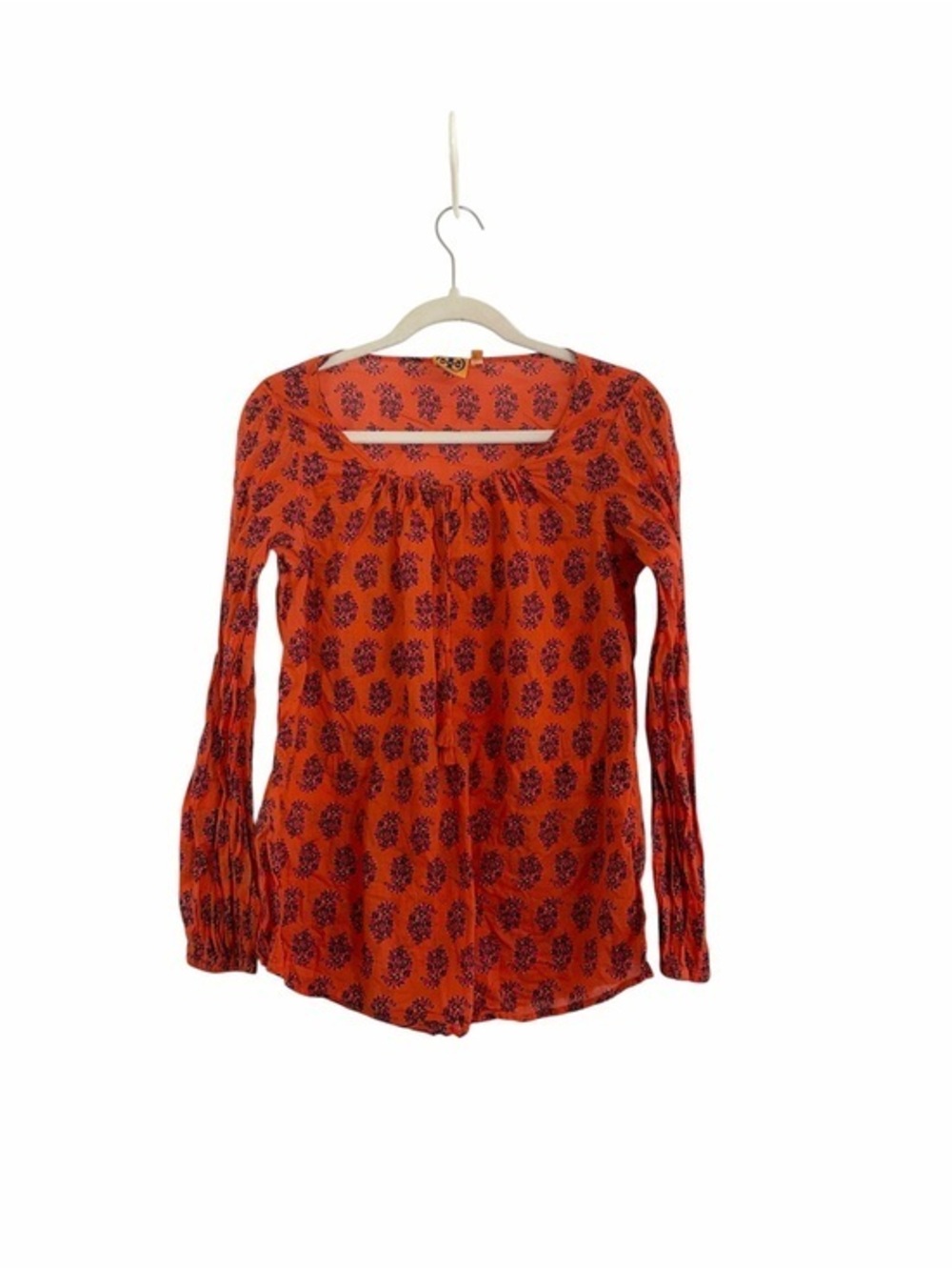 Tory Burch Evelina Floral Peasant Blouse Orange Pink Tassel Tie Cotton Size 6